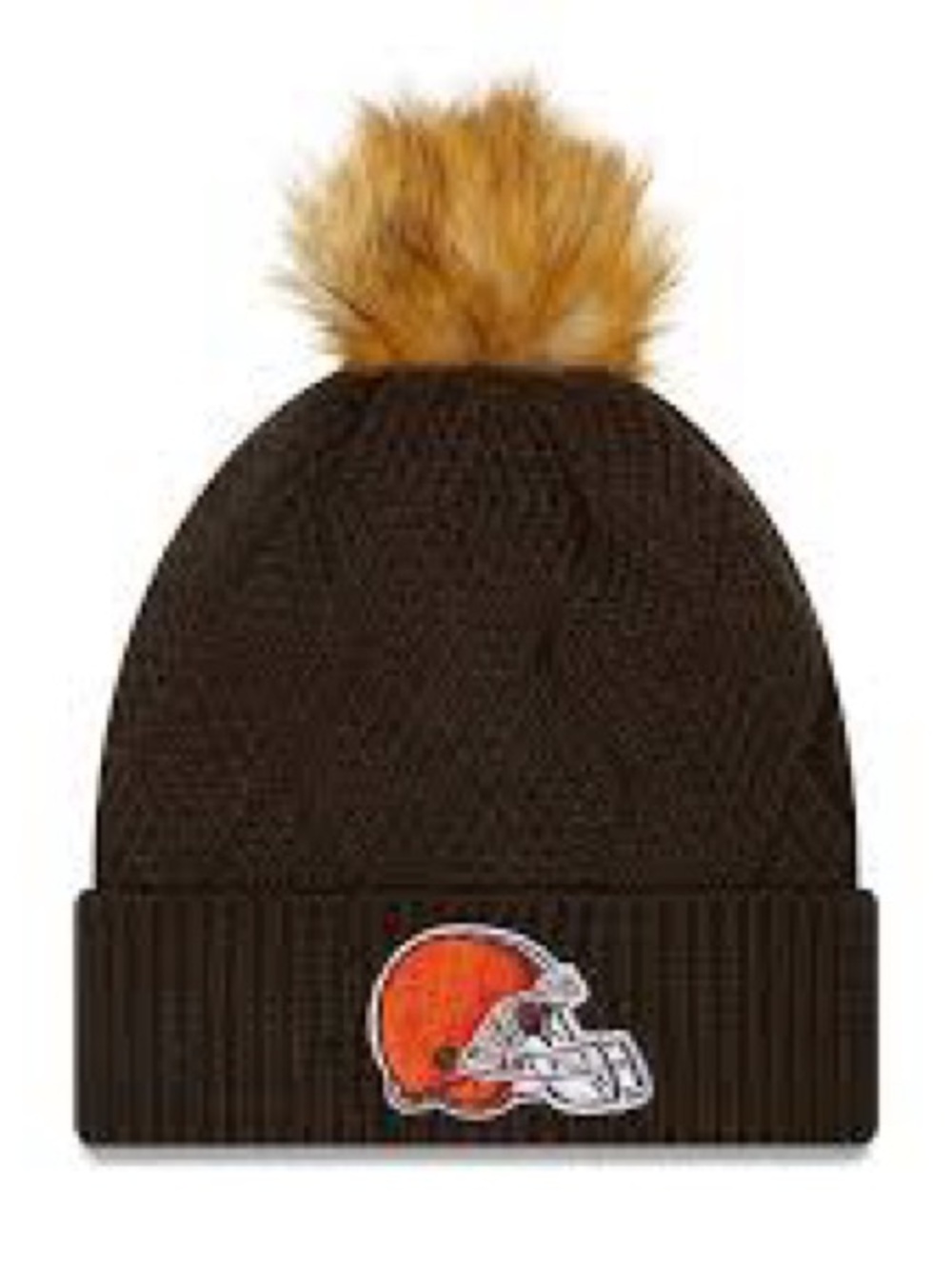 New Era Brown Knit Beanie with Gold Pom and Orange Helmet Patch